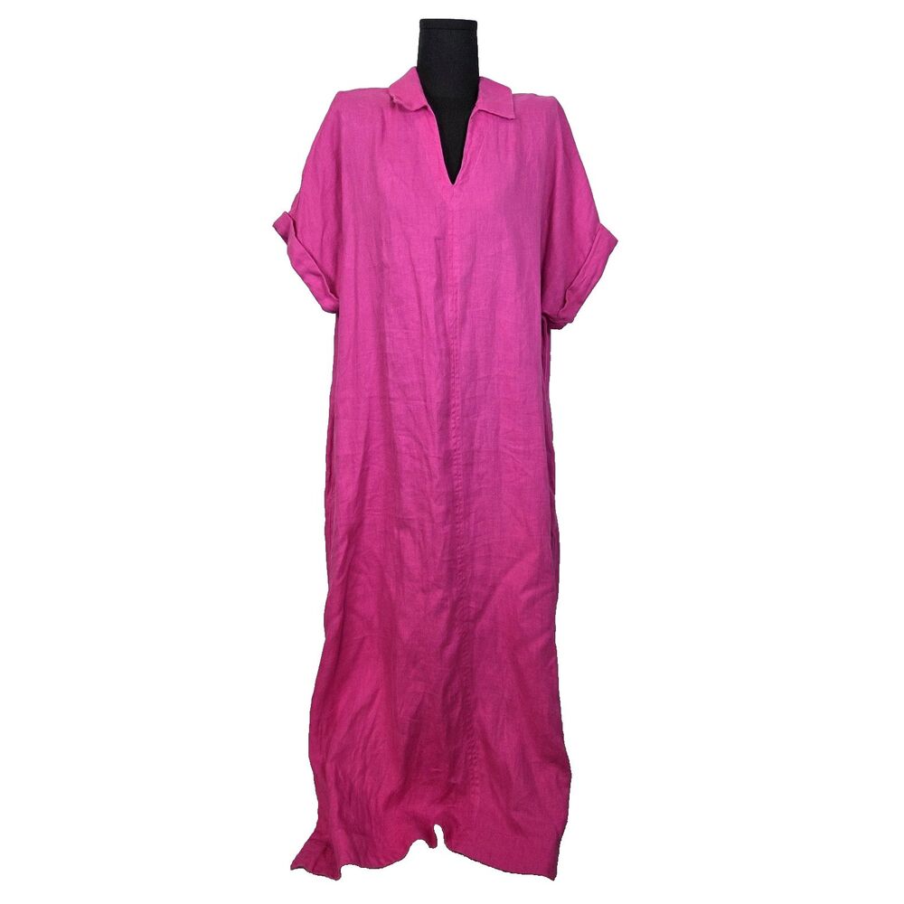 Chicos 100% Linen Dress w Pockets Women Size 12 Large V-Neck Sundress Pink